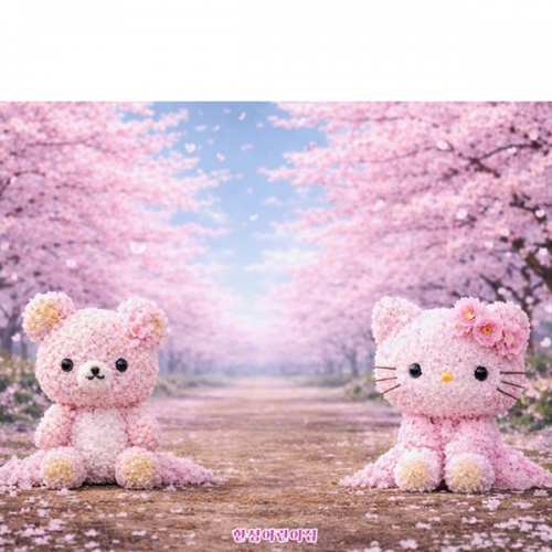 [파티붕붕] D7041 핑크 곰돌이 현수막 / 어린이집 봄배경 벚꽃 현수막 유치원 봄 포토존 제작