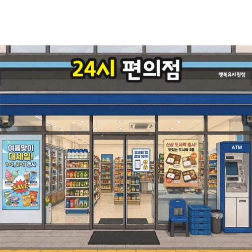 [파티붕붕] D7012 24시 편의점 현수막 / 유치원 어린이집 마트 현수막 시장놀이 포토존 제작