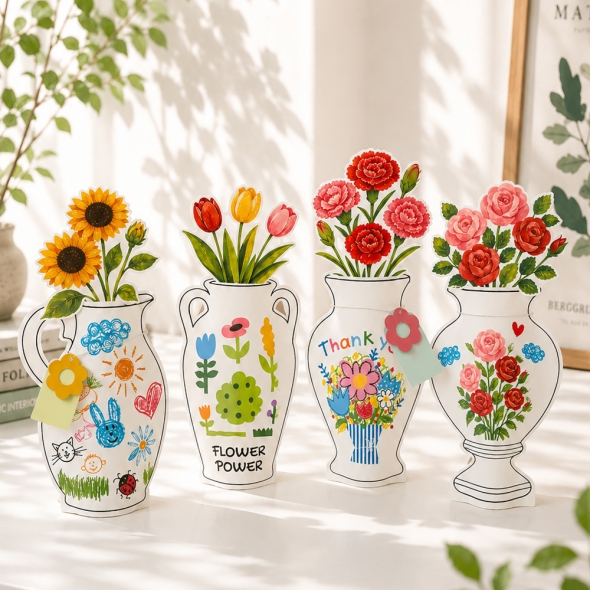 DIY 페이퍼 화병 꽃송이 컬러링 키트 4종 / 디자인선택 종이꽃만들기 방과후미술재료 창의미술놀이