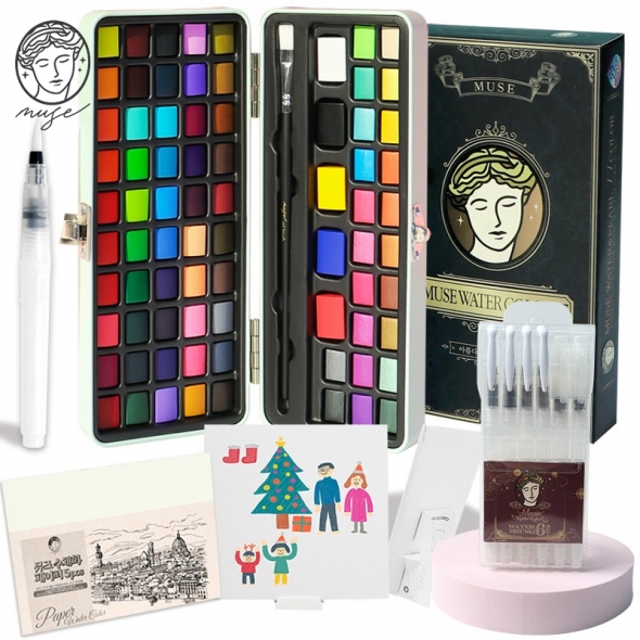 뮤즈 77색 고체물감 올인원 세트 / 77색고체물감+워터붓6종+캔버스보드+수채화페이퍼