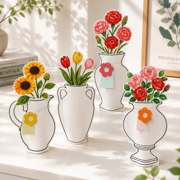 DIY 페이퍼 화병 꽃송이 컬러링 키트 4종 / 디자인선택 종이꽃만들기 방과후미술재료 창의미술놀이