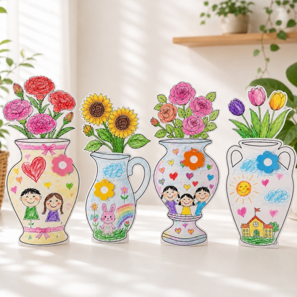 DIY 페이퍼 화병 꽃송이 컬러링 키트 4종 / 디자인선택 종이꽃만들기 방과후미술재료 창의미술놀이