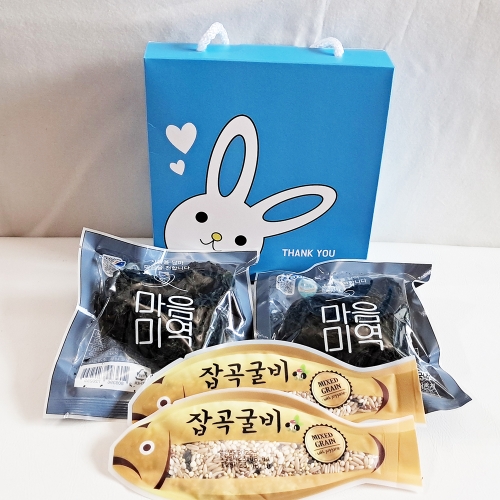 [꼬마데코] 하트미역2개+잡곡굴비2개 블루토끼끈상자_반제품(문구입력가능)