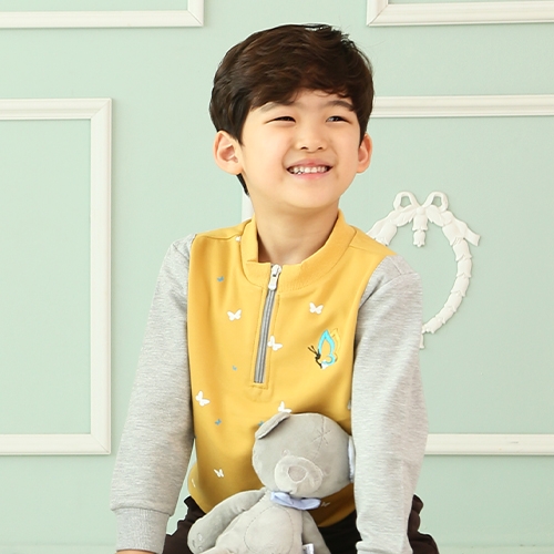 [키즈토이] 18019 옐로우&그레이 나비무늬 가슴지퍼활동복 / 어린이집 유치원 활동복 원복 긴팔 체육복 신학기 개원 원아 용품