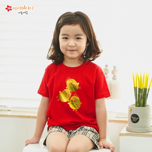 국내산 순면 티셔츠 반팔 _반짝반짝  포일아트 병아리삼총사 ☆골드포일아트☆