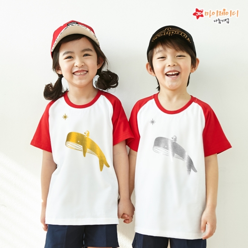국내산 순면 나그랑 티셔츠 반팔 반짝반짝 포일 아트 골드 실버_고래와북극여행(5색)