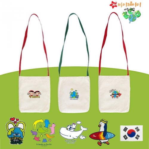 국산 순면 귀요미 핸드폰가방 미니크로스 에코백 어깨끈 물병가방(끈색상2색)