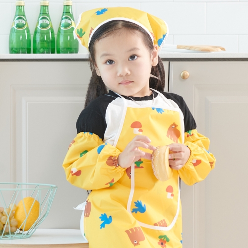 베베슈에뜨 유아동 패턴 방수 앞치마, 방수 두건, 방수 팔토시 세트