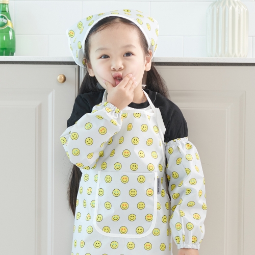 베베슈에뜨 유아동 패턴 방수 앞치마, 방수 두건, 방수 팔토시 세트